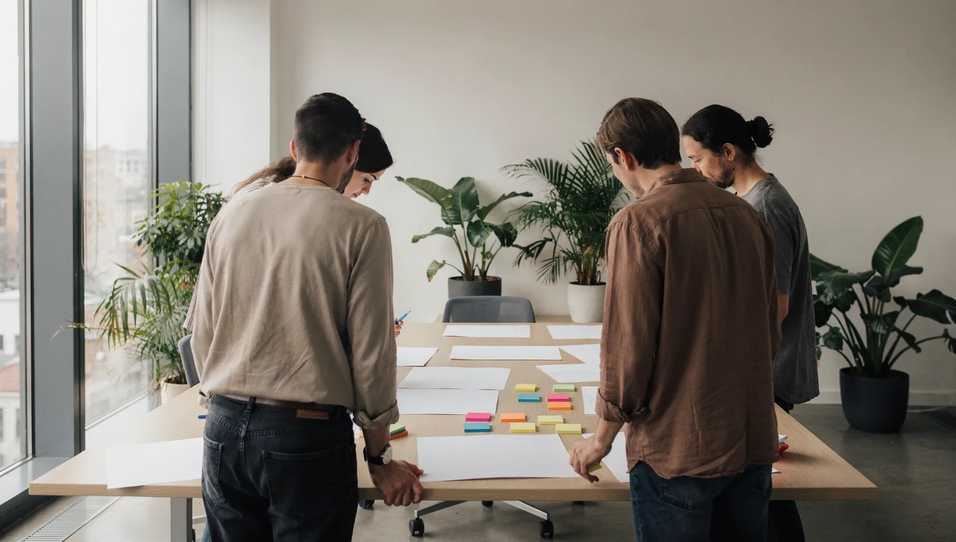 Vier Menschen stehen an einem Tisch und arbeiten gemeinsam an Notizen